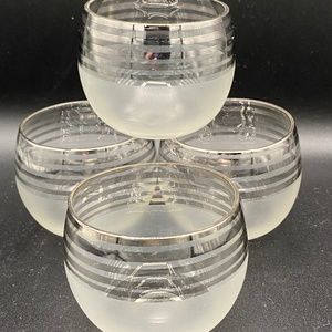 4x small round glasses, 5 silver stripes , frosted lower half.  VTG MCM 1960s